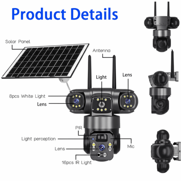 Camara solar PTZ triple lente con panel y batería